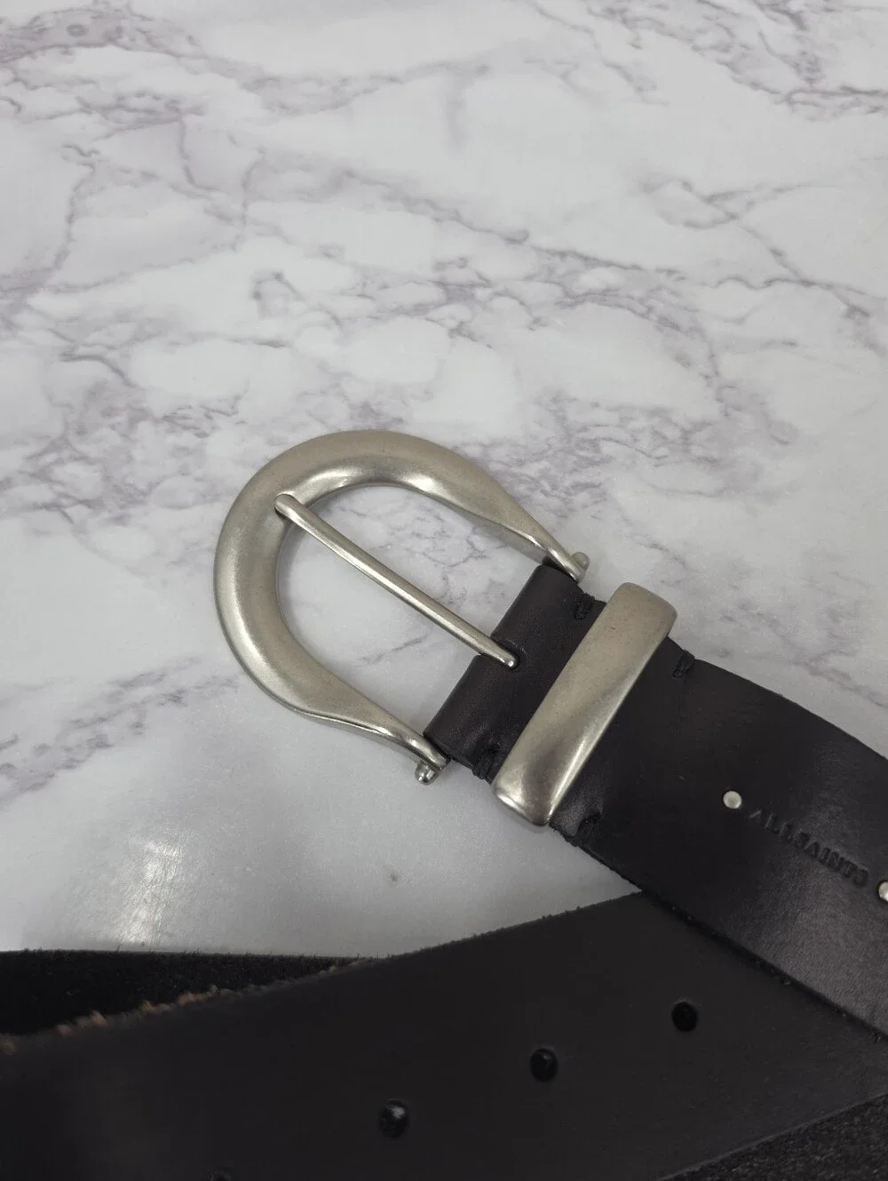 All Saints Black Leather Belt with Silver Tone Buckle and Studs